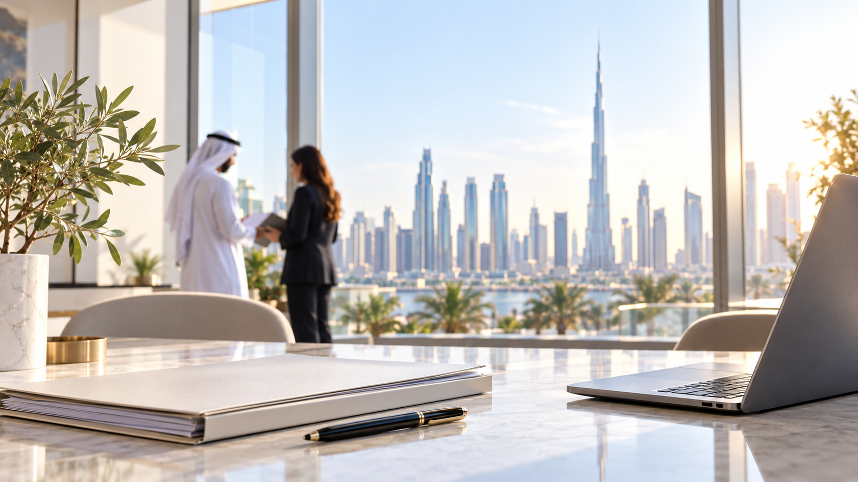 Two banking professionals meeting in a Dubai office overlooking the skyline